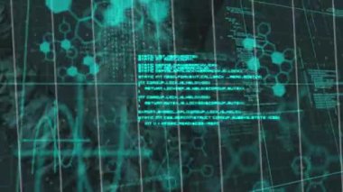 Veri işleme üzerinde dönen DNA iplikçiklerinin animasyonu. Bilim ve araştırma konsepti dijital olarak oluşturulmuş video.