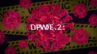 Covid-19 metni ve covid-19 hücreleri sarı polis bantlarına karşı uyarı ve covid-19 metni ile yüzüyor. Coronavirus covid-19 salgın konsepti