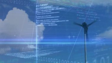 Rüzgar türbini üzerinde ikili kodlama ve veri işleme animasyonu. küresel çevre, yeşil enerji, iş, bağlantılar, dijital arayüz ve teknoloji konsepti dijital olarak oluşturulmuş video.