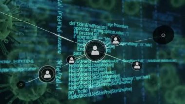 Mavi zemin üzerinde çoklu covid-19 hücreleri üzerinde profil simgeleri ve veri işleme ağı. Coronavirus covid-19 salgın konsepti