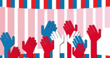 Amerikan bayrağı üzerinde kırmızı ve mavi el animasyonu. Vatanseverlik ve kutlama konsepti dijital olarak oluşturulmuş video.