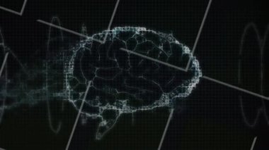 Siyah zemin üzerinde beyaz çizgiler üzerinde dönen insan beyninin dijital animasyonu. tıbbi araştırma ve bilim teknolojisi kavramı