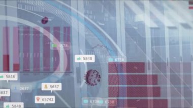 Bilgisayar sunucu odasına karşı çoklu dijital simgeler üzerinden Covid-19 istatistiksel veri işleme. Coronavirus covid-19 salgın konsepti