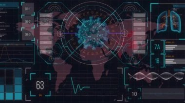 Dijital arayüz ile veri işleme arasında dönen covid-19 hücrelerinin dijital animasyonu. Coronavirus covid-19 salgın konsepti