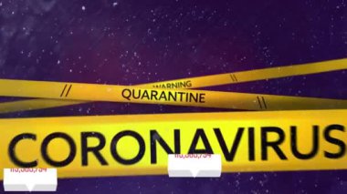 Sarı polis bantlarına karşı uyarı, karantina ve koronavirüs metni ile birden fazla konuşma balonu. Coronavirus covid-19 salgın konsepti
