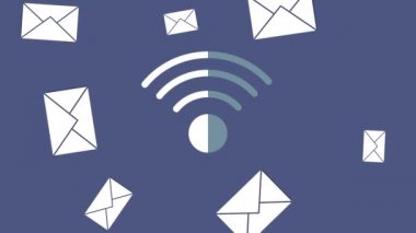 Mavi arkaplanda yüzen kablosuz internet ve posta simgelerinin animasyonu. küresel çevrimiçi dijital arayüz, iletişim ve arayüz kavramı dijital olarak oluşturulmuş video.