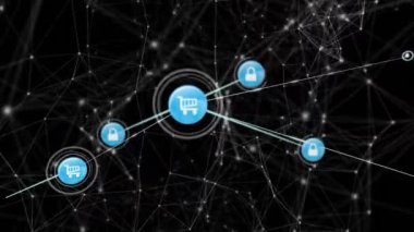 Siyah arkaplan üzerindeki simgelerle bağlantı ağlarının animasyonu. küresel bağlantılar, dijital arayüz, dijital olarak oluşturulan veri işleme konsepti.