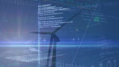 Rüzgar türbini üzerinde ikili kodlama ve veri işleme animasyonu.