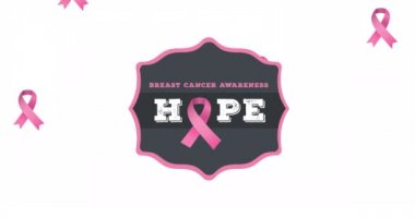 Beyaz arka planda beliren göğüs kanseri metninin üzerine düşen çoklu pembe kurdele logosu animasyonu. Göğüs kanseri pozitif farkındalık kampanyası konsepti dijital olarak üretildi.