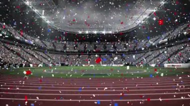 Spor stadyumunun üzerine düşen mavi ve kırmızı konfeti animasyonu. Vatanseverlik ve kutlama konsepti dijital olarak oluşturulmuş video.