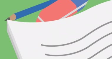 Yeşil arkaplanda hareket eden okul ögeleri simgelerinin canlandırılması. okul, eğitim ve öğrenim konsepti dijital olarak oluşturulmuş video.