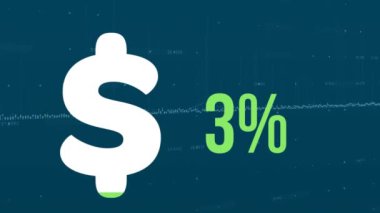 Dolar işaretinin animasyonu ve finansal veri işleme üzerindeki yüzde yeşille doluyor. küresel finansman, iş ve veri işleme kavramı dijital olarak oluşturulmuş video.
