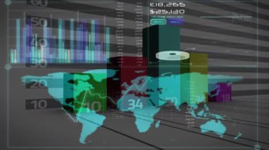 Dünya haritası üzerinde istatistik ve finansal veri işleme animasyonları. küresel iş, finans, veri işleme ve teknoloji konsepti dijital olarak oluşturulmuş video.