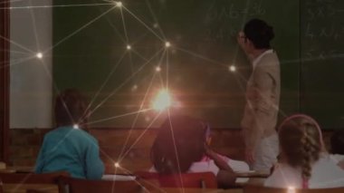 İlkokulda sınıfta öğretmenlik yapan bayan öğretmenler için parlayan bir bağlantı ağı. Okula ve eğitim konseptine dönüş