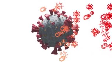 Çoklu covid-19 hücre simgeleri beyaz arkaplanda dönen covid-19 hücresi üzerinde. Coronavirus covid-19 salgın konsepti