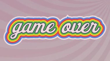 Mor radyal arkaplan üzerinde gökkuşağı gölge etkisi olan metin üzerinden oyunun dijital animasyonu. Video oyunu arayüzü teknolojisi kavramı