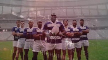 Spor stadyumundaki veri işleme ve ragbi oyuncularının animasyonu. küresel spor ve yarışma konsepti dijital olarak oluşturulmuş video.