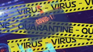 Covid-19 metin ve karantina, virüs metni ve istatistiksel veri işleme içeren sarı polis bantları. Coronavirus covid-19 salgın konsepti