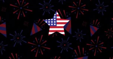 Siyah arka planda Amerikan bayrağı olan yıldız animasyonu. Vatanseverlik ve kutlama konsepti dijital olarak oluşturulmuş video.