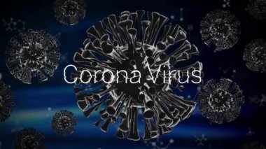 Mavi zemin üzerinde yüzen moleküler yapılara karşı covid-19 hücreleri üzerinde Coronavirus metni. Coronavirus covid-19 salgın konsepti