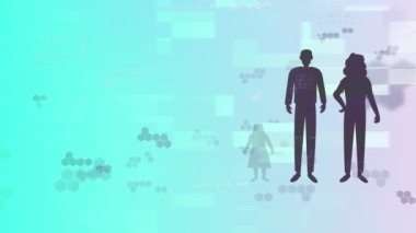 Kimyasal yapılar ve matematiksel denklemler sosyal mesafeyi koruyan insanların üzerinde yüzüyor. Coronavirus covid-19 salgın konsepti