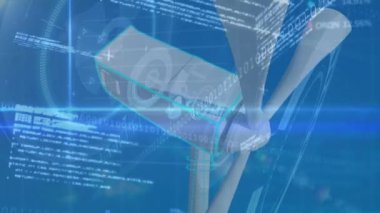 Rüzgar türbini üzerinde ikili kodlama ve veri işleme animasyonu. küresel çevre, yeşil enerji, iş, bağlantılar, dijital arayüz ve teknoloji konsepti dijital olarak oluşturulmuş video.