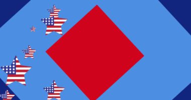 Mavi arka planda Amerikan bayrağı olan yıldızların animasyonu. Vatanseverlik ve kutlama konsepti dijital olarak oluşturulmuş video.