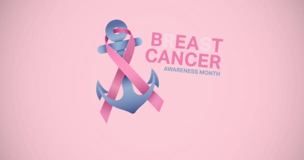 ピンクのリボンアンカーのロゴとピンクの背景に現れる乳がんのテキストのアニメーション 乳がん認知キャンペーンのコンセプトデジタル生成ビデオ — ストック動画