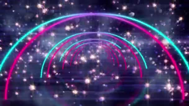 霓虹灯圈的数字动画在无缝运动和多个闪亮的恒星在黑色背景 具有抽象纹理和设计的技术背景 — 图库视频影像