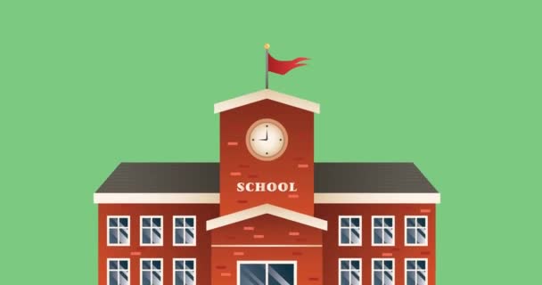 Animación Del Icono Del Edificio Escuela Moviéndose Sobre Fondo Verde — Vídeo de stock