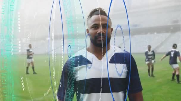 Animatie Van Scope Scanning Mannelijke Rugbyspelers Het Stadion Wereldwijd Concept — Stockvideo