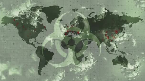 Símbolo Risco Biológico Múltiplas Células Covid Flutuando Contra Mapa Mundo — Vídeo de Stock