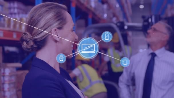 Network Digital Icons Portrait Caucasian Female Supervisor Smiling Warehouse Logistics — Stock Video