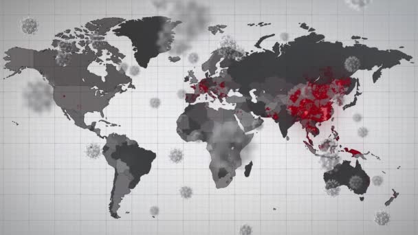 灰色の背景に世界地図上に浮かぶ複数のCovid 19細胞のデジタルアニメーション コロナウイルスCovid 19パンデミックの概念 — ストック動画