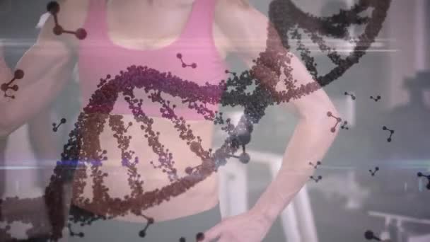 Animação Fiação Fio Dna Processamento Dados Sobre Mulher Forte Exercício — Vídeo de Stock