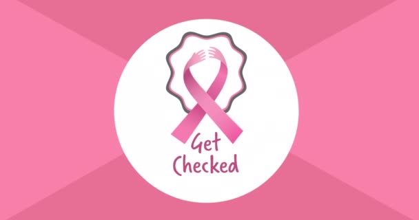 Animation Pink Ribbon Logo Get Checked Text Appearing Pink Background — Stock Video