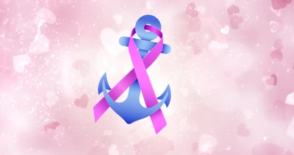 Animation Pink Ribbon Anchor Logo Appearing Pink Background Breast Cancer — Stock Video