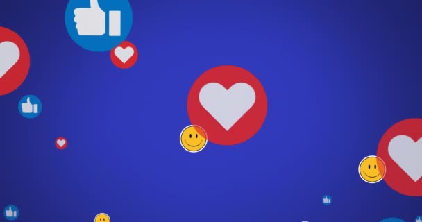 蓝色背景的社交媒体图标和笑脸莫吉图标的动画 全球社交媒体 技术和数字界面概念 — 图库视频影像