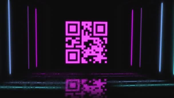 Cyfrowa Animacja Świecącego Neonowego Różowego Kodu Świecących Liniach Czarnym Tle — Wideo stockowe