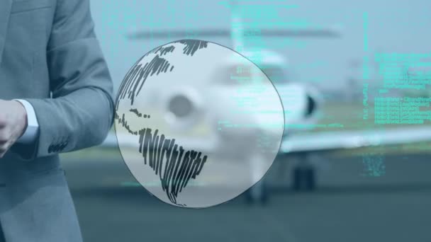 Spinning Globe Data Processing Mid Section Businessman Using Smartphone Airport — Stock video