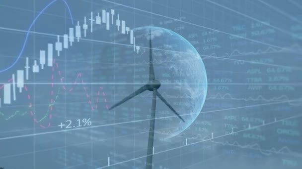 Animación Del Procesamiento Datos Financieros Sobre Turbina Eólica — Vídeo de stock