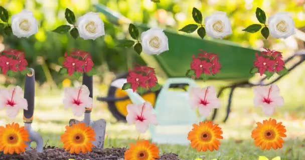 Einde Tekst Meerdere Kleurrijke Bloemen Pictogrammen Zweven Tegen Tuin Achtergrond — Stockvideo