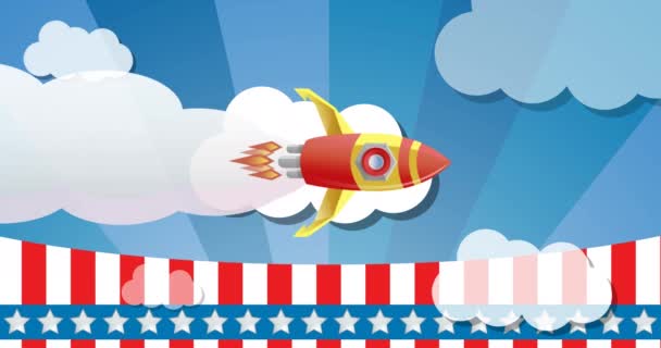 Animación América Tierra Del Texto Libre Sobre Cohete Nubes Patriotismo — Vídeo de stock