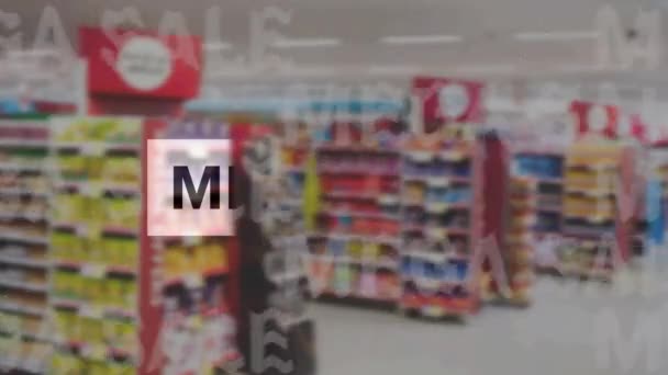 Animação Texto Mega Venda Múltipla Sobre Supermercado Conceito Compras Varejo — Vídeo de Stock