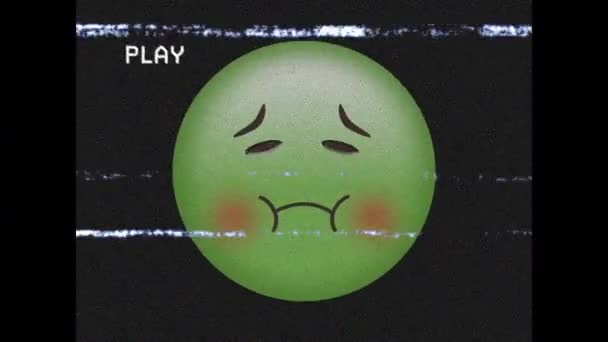 Animation Numérique Vhs Glitch Effet Sur Vert Malade Visage Emoji — Video