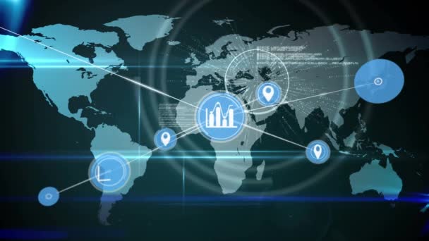 Animacja Sieci Połączeń Ikonami Mapie Świata Połączenia Globalne Interfejs Cyfrowy — Wideo stockowe