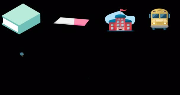 Animace Zpět Školy Text Přes Školní Předměty Ikony Černém Pozadí — Stock video