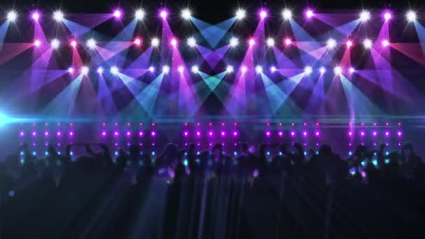 Анимация людей, танцующих в зале клубной музыки с синим светом, движущимся над светящимися прожекторами. вечеринка, праздник, музыкально-развлекательная концепция.