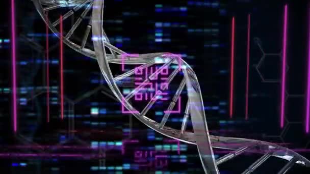 코드의 디지털 애니메이션 Dna 구조와 배경의 모자이크 사각형 바코드 — 비디오