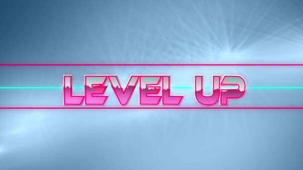 Digitale Animatie Van Level Omhoog Tekst Neon Banner Tegen Lichtvlekken — Stockvideo